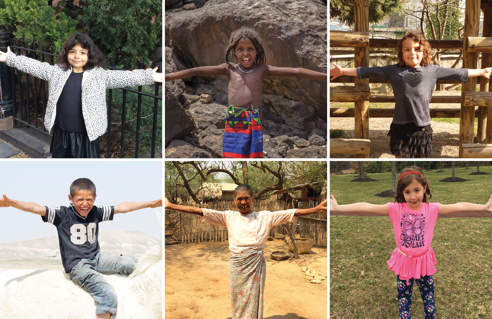Climate chain - six photos of people with their arms stretched out