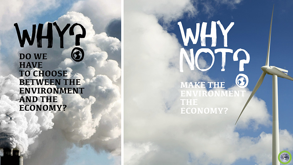 Why? Why not? poster showing pollution being emitted and a wind farm